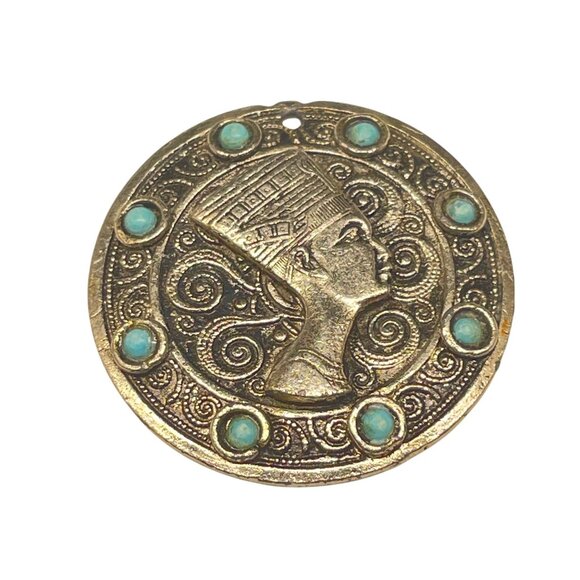 Vintage Silver Tone Egyptian Medallion With Turquoise Accents - Picture 1 of 5